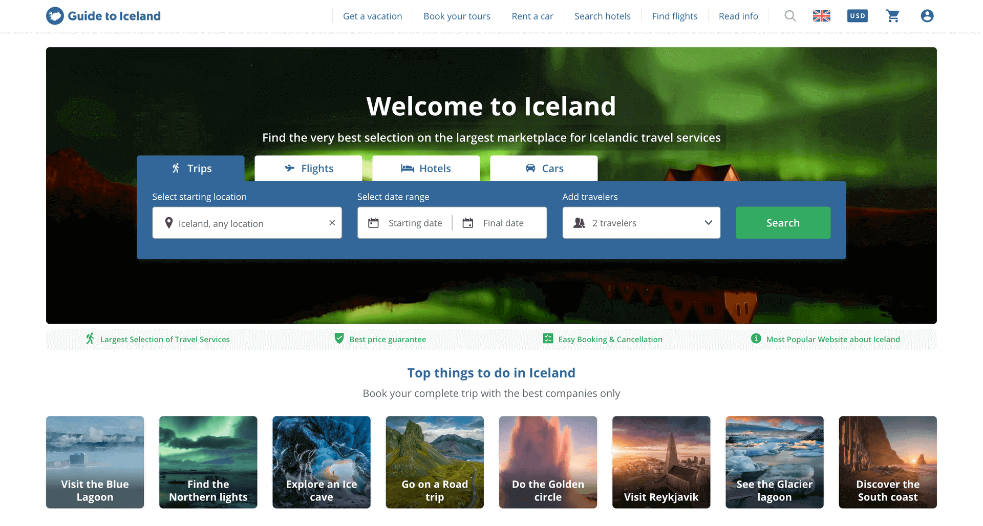 Screenshot of GuideToIceland.com main page